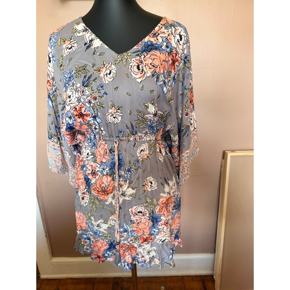 Angie Floral Boho Dress Women's Small Gray Pink Blue Tassel Tie Bell Sleeve